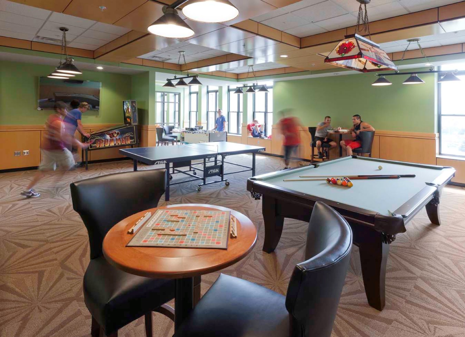 Recreation room at Ambler Johnston Residence Hall at Virginia Tech in Blacksburg, VA; renovation architect: Clark Nexsen