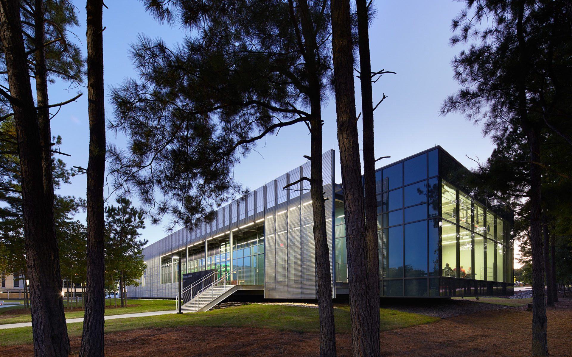 View from the northeast at the Regional Plant & Teaching Facility at Wake Tech Community College in Raleigh, NC: Architect: Clark Nexsen
