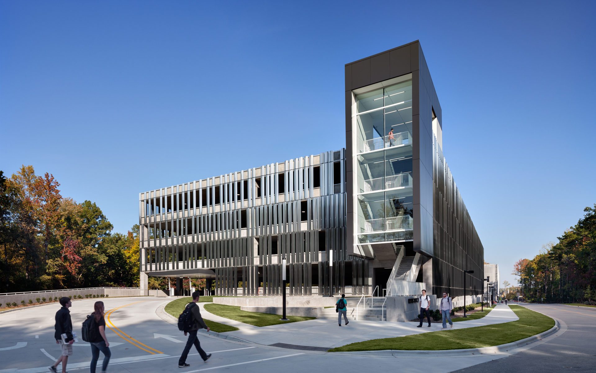 West approach, Parking Deck 2 at Wake Tech Community College, Raleigh, NC; Architect: Clark Nexsen