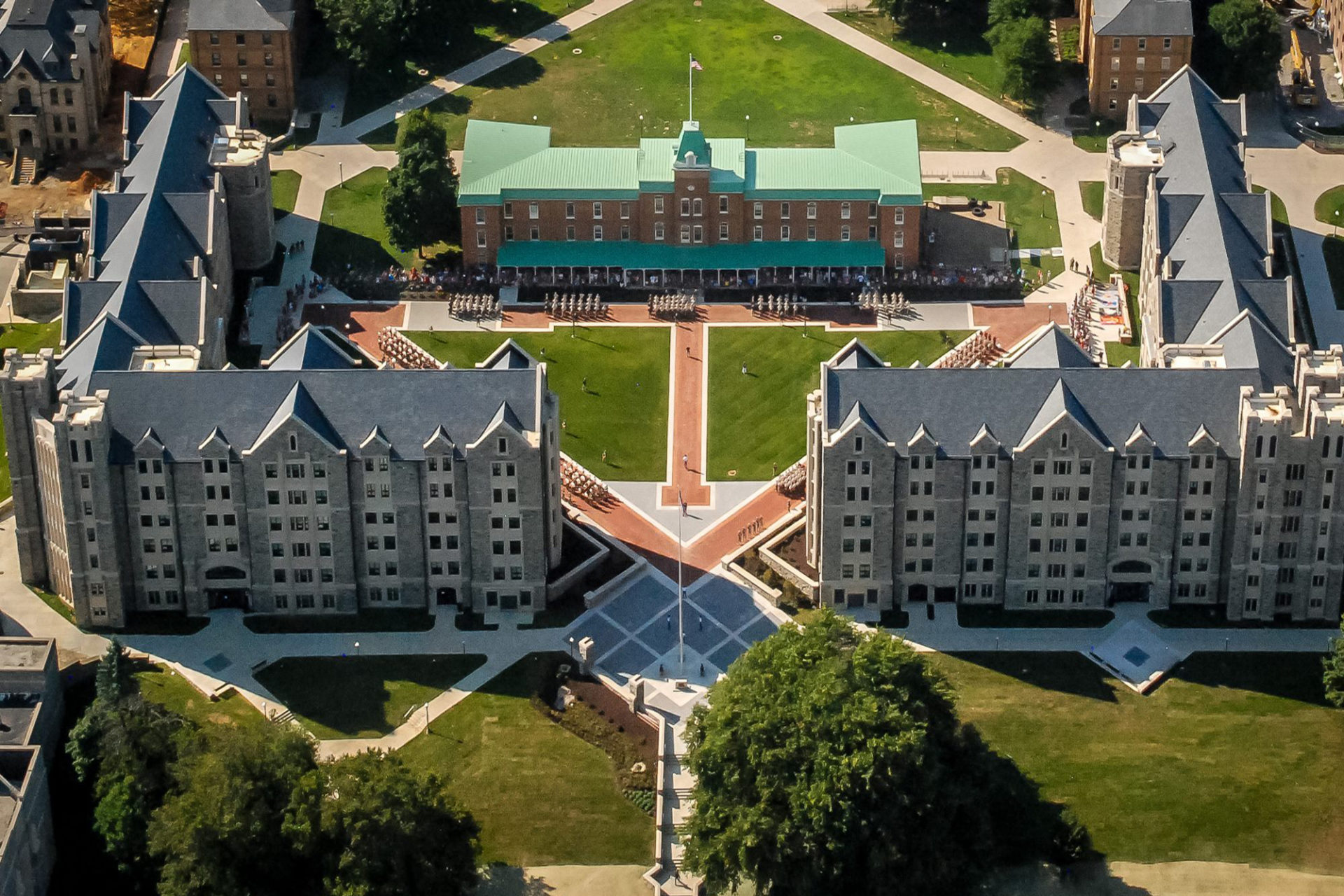 Aerial view of Pearson Hall and New Cadet Hall at Virginia Tech in Blacksburg, VA; Architect and engineer: Clark Nexsen