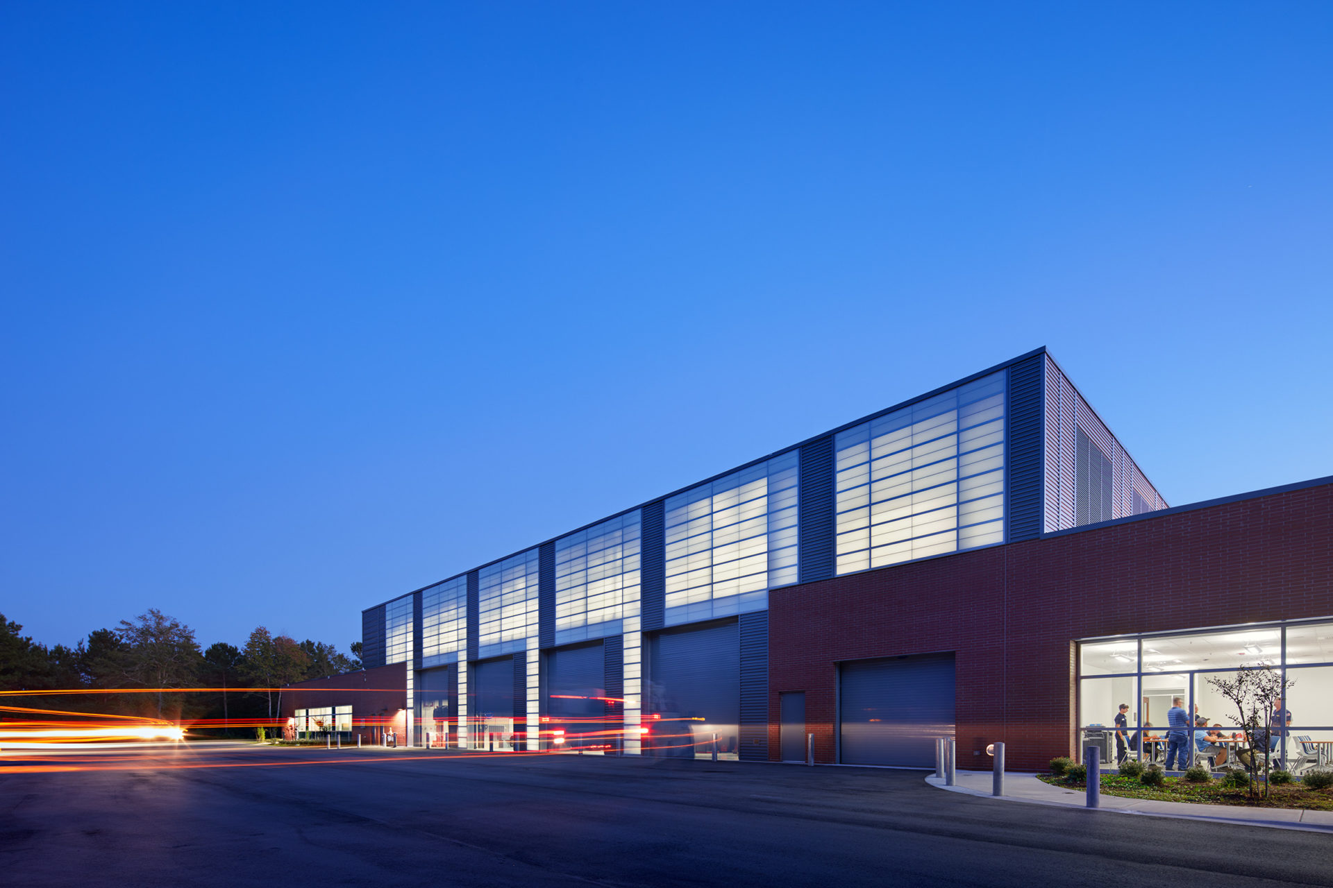Truck bay and classroom space at the Heavy Equipment and Transport Technology Building (HEATT) at Cape Fear Community College in Castle Hayne, NC; Architect: Clark Nexsen