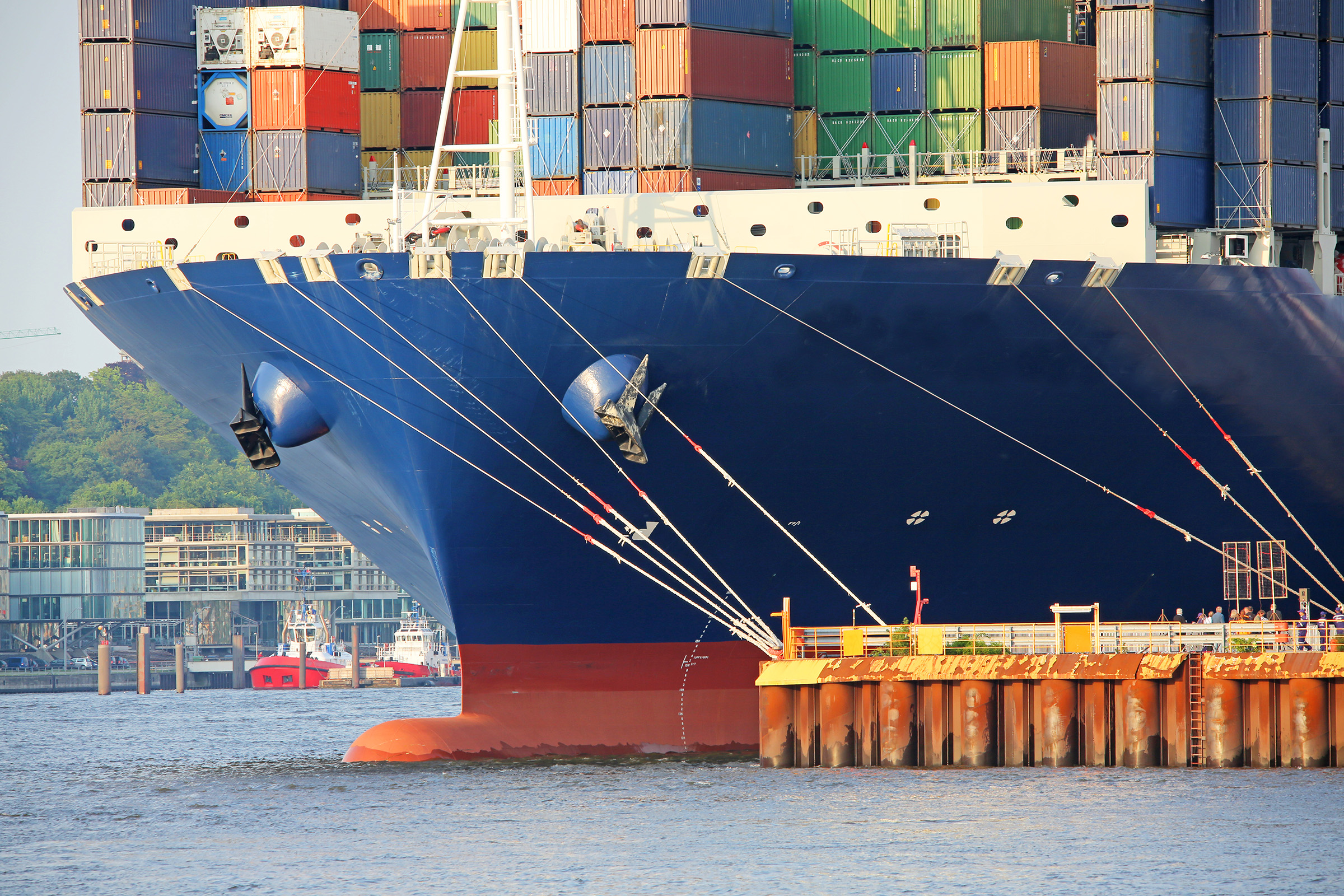 Container ship at pier with bulkhead