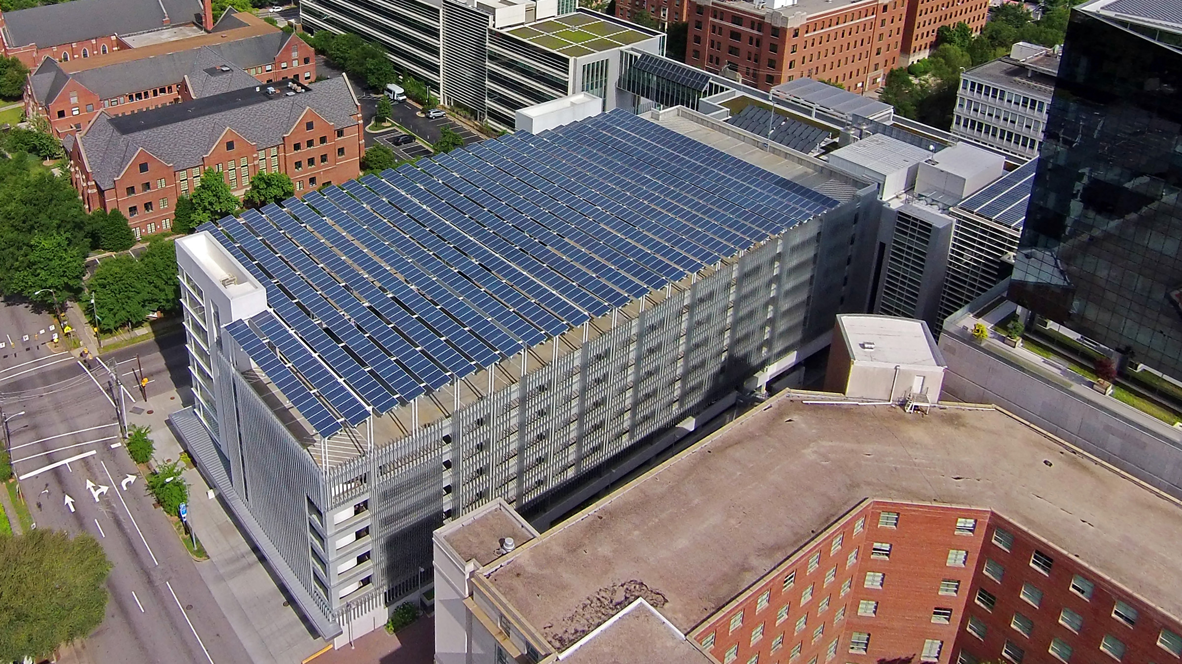 Green Square Parking Deck in Raleigh, NC features photovoltaic solar panels on the roof and a cistern for water reclamation