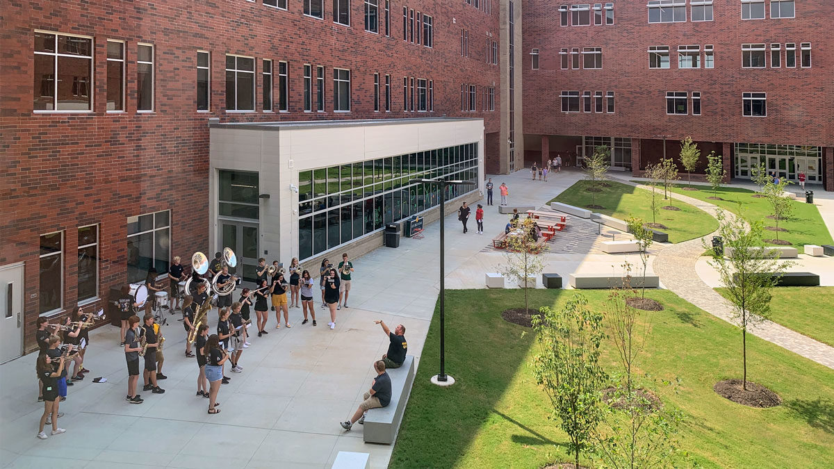 The Apex High School Band performs in the courtyard during the open house held in September