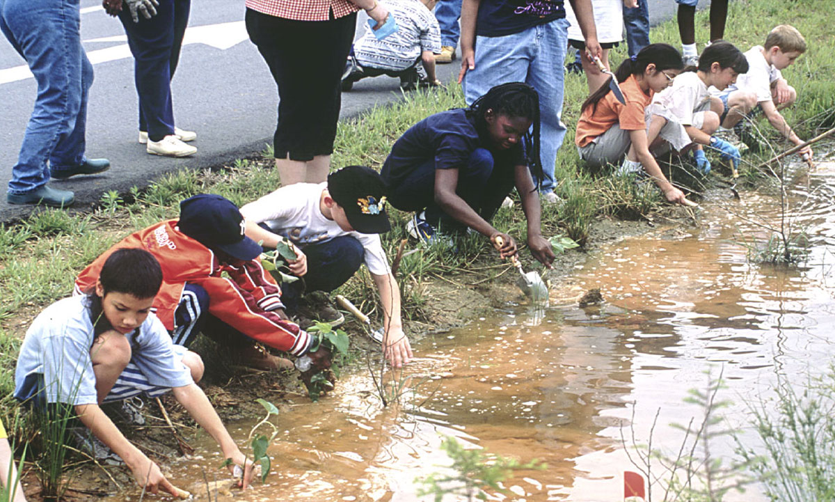 Students getting their hands dirty outside