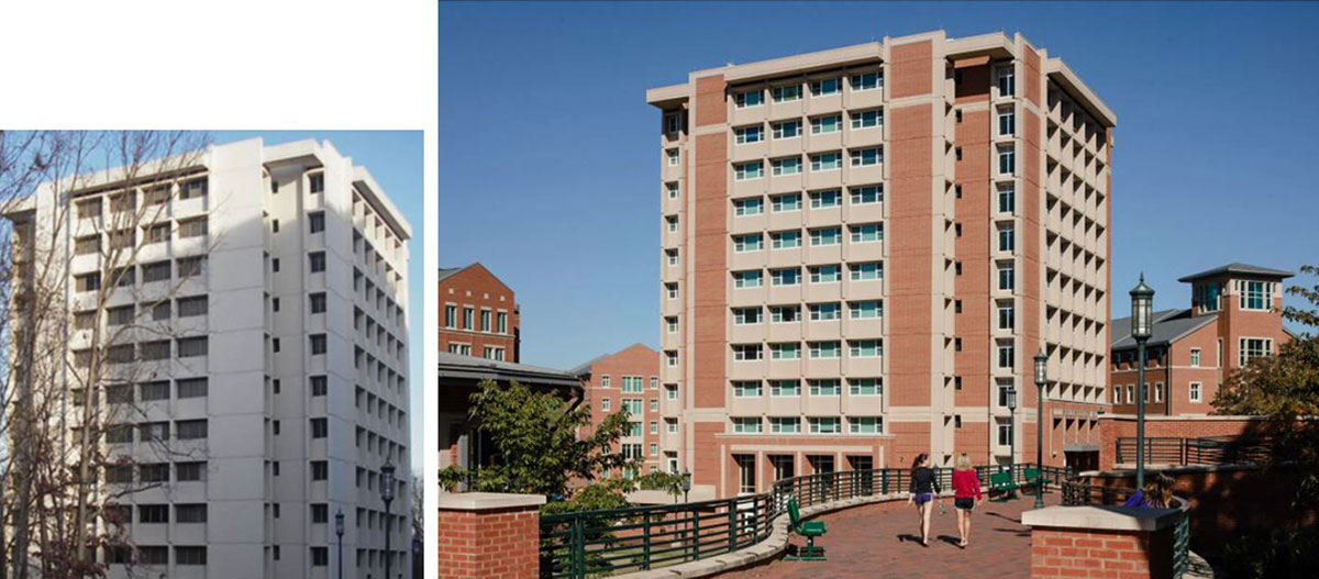 UNC Charlotte Holshouser Hall original facade, left, and renovation with brick and cast stone; Clark Nexsen-