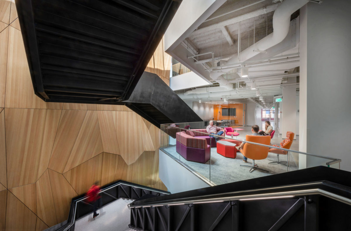 Exposed stair truss at Fitts-Woolard Hall, the new engineering building at NC State University.