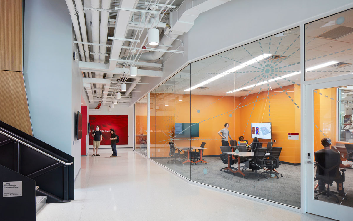 Transparency into a classroom and lab at NCSU's new engineering building, Fitts-Woolard Hall.